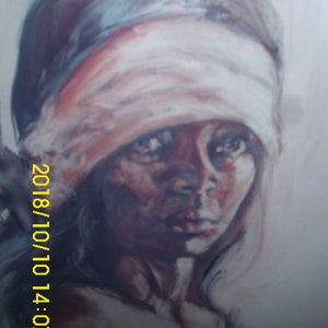 May include: A painting of a person with a white cloth covering their head and eyes. The person's face is painted in a realistic style with soft, muted colors.