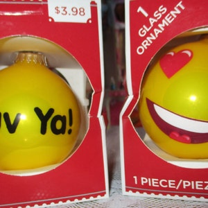 Yellow Emoji Christmas Bulb: Glass Ornament with Hearts