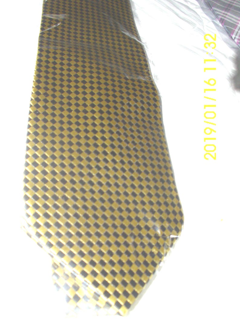 Lidalia 100 Percent Silk Neck Tie Gold Black Herringbone Check Classic Length image 1