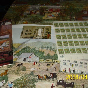 Grandma Moses Collection   Painting on Cloth  Federal Stamps  Needlepoint  Postcard of her home
