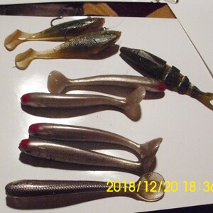 Fishing Lures   PaddleTails  Seven Paddles and one Rubber Fish   Fresh Water Fishing