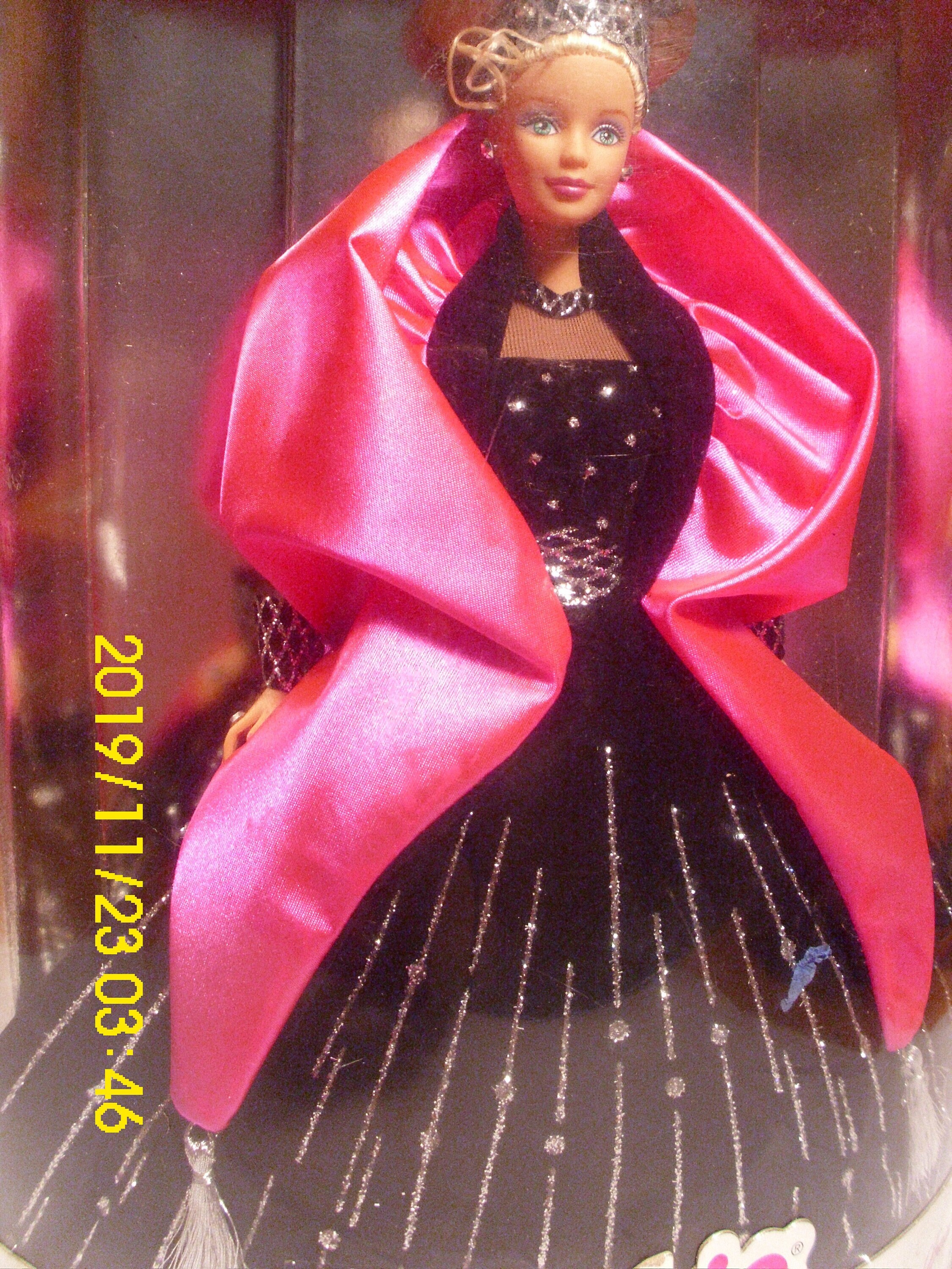 Mattel Holiday Barbie 1999 Black Velvet With Glitter Sequins Pink Overcoat Shawl Shoes Stand Crown Etsy