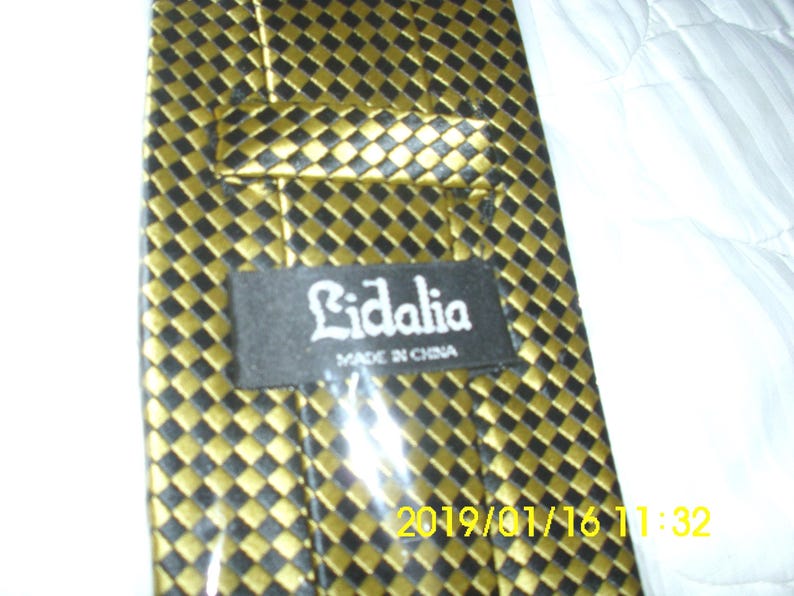 Lidalia 100 Percent Silk Neck Tie Gold Black Herringbone Check Classic Length image 2