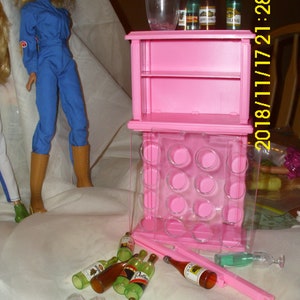 Mattel Doll Furniture: Wine Rack Pink  Several Bottles of Fake Wine  Set of Glasses  Plastic