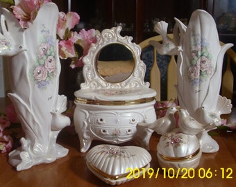 BERGER Italian Porcelain 5-Piece Set: Dove Vases, Mirrored Trinket Dresser