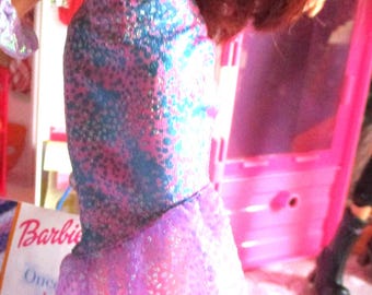 Mermaid Gown Doll Clothes: Metallic Blues and Pink, Fits Barbie