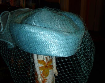 Woman's Hats   Molded Teal / Turquoise Straw Hat With Netting
