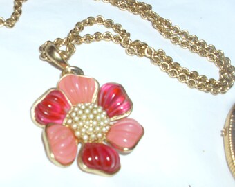 Vintage Long Chain Necklace: Red & Pink Enamel Flower, Pearl Center