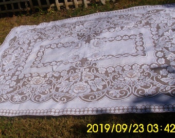 Stitched Woven Lace Design Tablecloth  White on Brown Woven Design 88 inches long 60 in.  wide  Glorious  Momma's