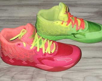 Puma MB.01 x Rick and Morty mismatched sneakers in vibrant neon green and crimson sz. 9.5