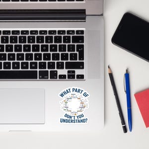 May include: A white sticker with the text "WHAT PART OF DON'T YOU UNDERSTAND?" in a blue and white design. The sticker is on a white surface next to a laptop, a phone, a pencil, and a pen.