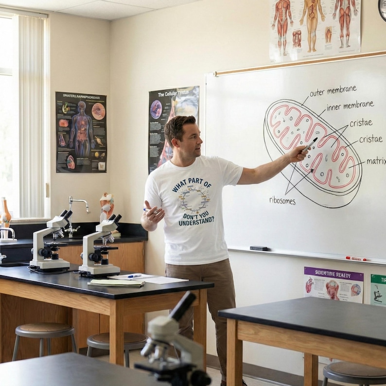 May include: A man in a white t-shirt with the text "WHAT PART OF DON'T YOU UNDERSTAND?" points to a diagram of a cell on a whiteboard. The classroom has microscopes and anatomical charts.