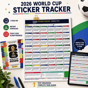 以下が含まれることがあります： 2026年ワールドカップのステッカー追跡ツール。カレンダー形式で、各国の国旗とステッカーを貼るスペースがあります。ステッカーアルバム、タブレット、サッカーボールが含まれています。「2026 World Cup Sticker Tracker」と「Stay Organized. Complete Your Album.」と書かれています。