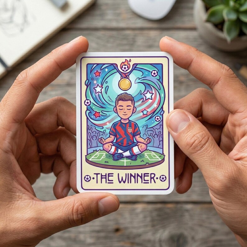 May include: A rectangular sticker featuring a cartoon illustration of a soccer player meditating on a soccer field. The player wears a red and blue jersey and is surrounded by stars and a medal. The text "THE WINNER" is at the bottom.