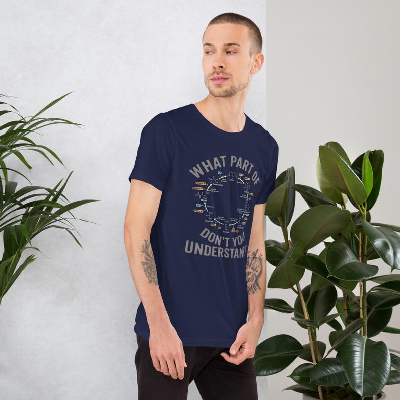 May include: Navy blue t-shirt with the text "WHAT PART OF DON'T YOU UNDERSTAND?" in a circular design. The design includes a diagram with various colors and shapes. The shirt is short-sleeved and made of a soft material.