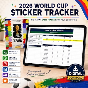 Pode incluir: Um rastreador digital de figurinhas da Copa do Mundo de 2026 em um tablet, com um álbum de figurinhas e uma bola de futebol. O rastreador Excel ajuda a gerenciar a coleção, mostrando figurinhas coletadas, faltantes e duplicadas. Inclui o texto "DOWNLOAD DIGITAL".