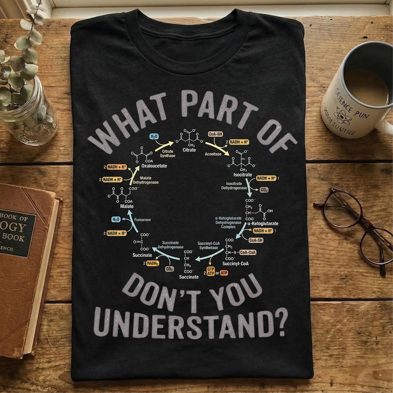 May include: Black t-shirt with a white and gray graphic of a biochemical cycle and the text "WHAT PART OF DON'T YOU UNDERSTAND?" A science-themed tee for biology enthusiasts.
