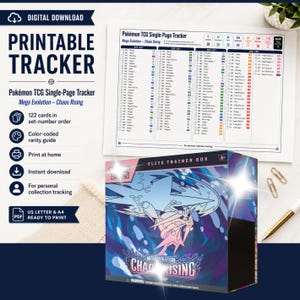 May include: A digital download printable Pokémon TCG single-page tracker for the Mega Evolution Chaos Rising set, featuring a checklist of 122 cards in set-number order, a color-coded rarity guide, and an Elite Trainer Box with graphic art.