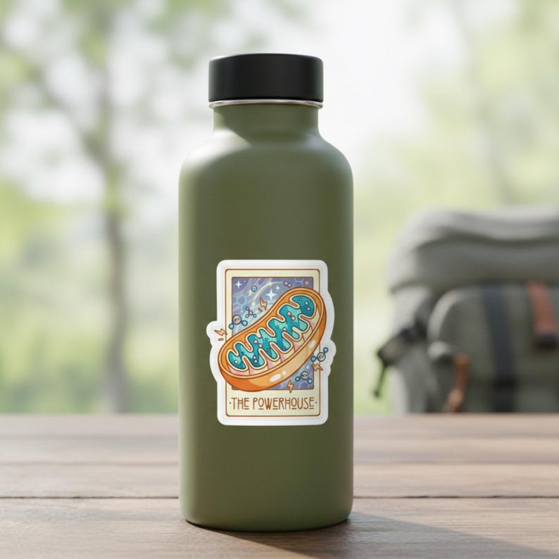 Op de afbeelding: Een olijfgroene waterfles met een sticker met een cartoonillustratie van een mitochondrion. De sticker heeft een blauw en oranje ontwerp met de tekst "THE POWERHOUSE". De fles staat op een houten oppervlak.
