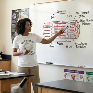May include: A woman in a white t-shirt with the text "WHAT PART OF YOU UNDERSTAND?" points to a diagram of a sarcomere on a whiteboard. The diagram shows muscle fiber components with labels like Z-line and A-band.