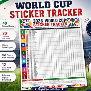 May include: A 2026 World Cup sticker tracker chart featuring a grid of 48 national teams organized by groups A through L. The document includes columns for flags, country codes, team names, and numbered sticker slots from 1 to 20 for each team.