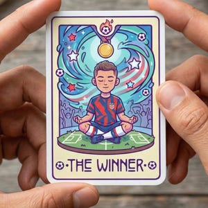 May include: A rectangular card featuring a soccer player meditating on a soccer field, surrounded by stars and soccer balls. The card has a gold medal and the text "THE WINNER". The player wears a red, white, and blue uniform.