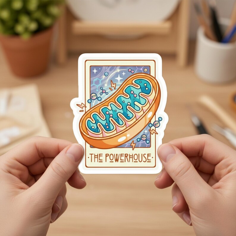 Op de afbeelding: Een sticker met een cartoon illustratie van een mitochondrion, de energiecentrale van de cel. Het ontwerp bevat een oranje buitenlaag, een blauwe binnenstructuur en de tekst "THE POWERHOUSE". De achtergrond is lichtblauw met sterren en zeshoekige vormen.