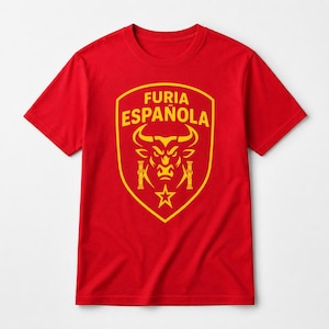 May include: A bright red short-sleeved t-shirt featuring a yellow shield-shaped graphic on the chest. The graphic displays the text FURIA ESPAÑOLA above a stylized bull head, two vertical pillars, and a five-pointed star at the bottom point.