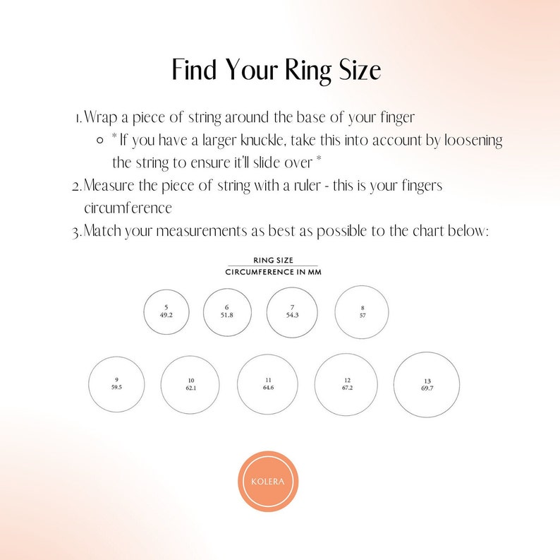 May include: Image with text "Find Your Ring Size" and instructions for measuring finger circumference. Includes a ring size chart with sizes 5-13 and their corresponding circumferences in millimeters. The brand logo "KOLERA" is at the bottom.