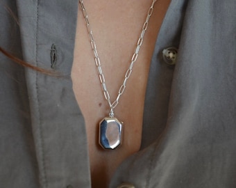 Locket Necklace, Silver Locket, Silver Layering Necklace, Thick Chain Necklace, Rectangle Chain Layering Necklace, Locket Pendant Necklace