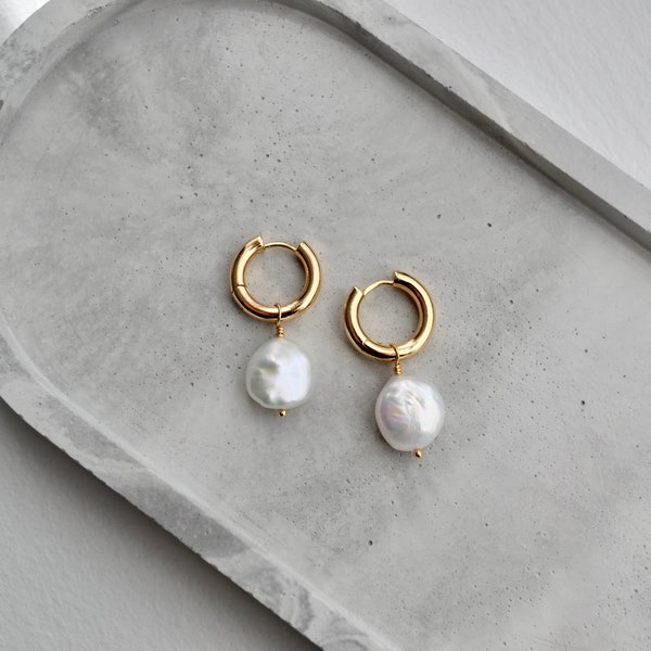 Boucles d'oreilles Pearl Hoop, Boucles d'oreilles Gold Filled Coin Pearl, Grandes boucles d'oreilles nuptiales Pearl Drop, Boucles d'oreilles nuptiales Pearl, Cadeau de demoiselles d'honneur, Gold Hoops