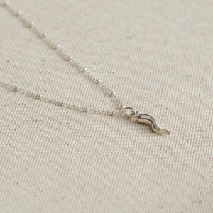 May include: A silver necklace with a small silver charm in the shape of a horn. The necklace is on a white fabric background.
