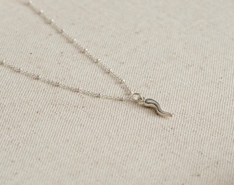 Sterling Silver Chilli Pepper Charm Necklace, Silver Italian Horn Necklace, Silver Protection Necklace, Dainty Puffy Cornicello Necklace