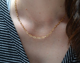 Gold Filled Rectangular Link Layering Necklace, Gold Paperclip Chain, Paperclip Chain Layering Necklace, Gold Filled Everyday Necklace