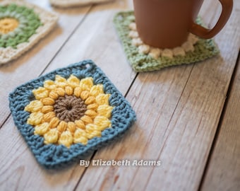 Granny Square Coaster Set, Sunflower flowers, Crochet Floral Coasters