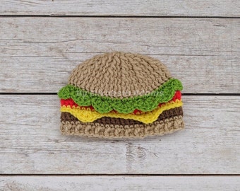 Hamburger Cheeseburger Beanie Hat, Newborn Photo Prop, Crochet Burger Costume, Big Mac, Hamburglar Beanie