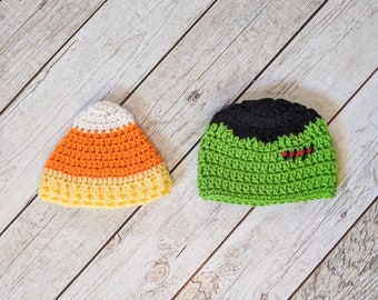 Candy Corn Hat, Frankenstein Beanie, Crochet Monster Set, Halloween Party, Newborn Photo Costume