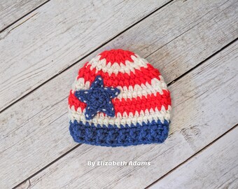 American Flag Beanie Hat, Newborn Patriotic Photo Prop, Crochet 4th of July, Fourth of July, America