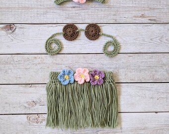 Newborn Hawaiian Costume, Crochet Hula Photo Outfit Set, Baby Girl Photography