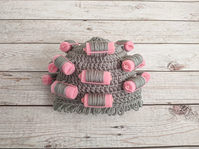 Crochet Old Lady Wig Beanie, Pink Foam Roller Wig, Crazy Cat Lady Wig with Curlers, Granny Wig, Newborn Photo Prop Hat, Crazy Hair Day Hat image 1