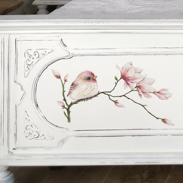 Transfert d'image imprimable vintage oiseau magnolia délicat mobilier élégant