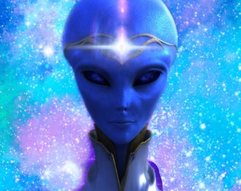 May include: A blue alien with a white star on its forehead and a gold headband. The alien is against a blue and purple galaxy background.
