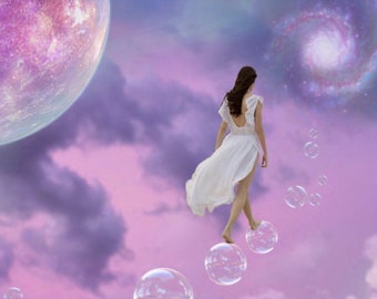 May include: A woman in a white dress walks on bubbles in a dreamy, purple sky with a large, pink planet and a galaxy in the background.
