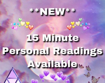May include: A pink and purple background with a crescent moon and hearts. The text "**NEW** 15 Minute Personal Readings Available" is written in white.
