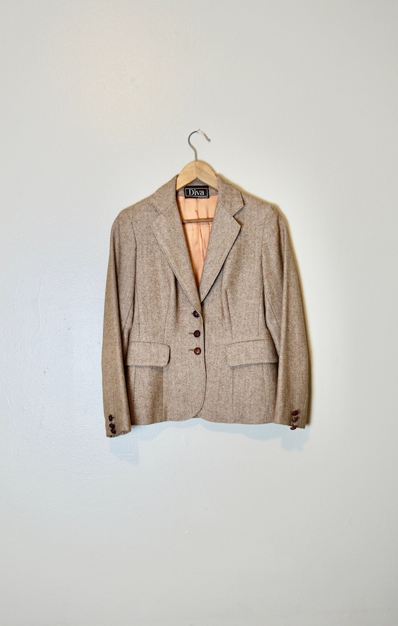 Evan Picone Blazer Womens 18 Tan Brown Herringbone Lined Black Label Boxy