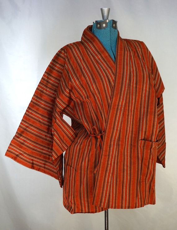 Vintage orange striped metallic wrap kimono