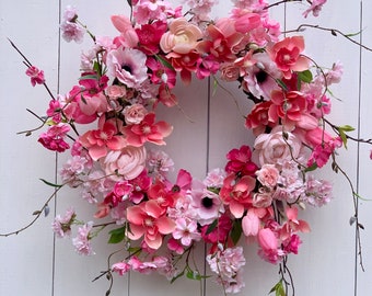 Pink Blossom Wreath, Pink and Peach Floral Wreath For Front Door, Cherry Blossom Wreath, Easter Decor, Mother’s Day Gift, Housewarming