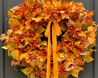 Fall Berry Wreath, Thanksgiving Harvest Decor, Rustic Autumn Foliage