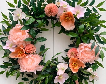 Peach Spring Wreath, Summer Floral Wreath for Front Door, Peony Dahlia Helleborus and Poppy Wreath, Wall Decor, Mother’s Day, Housewarming