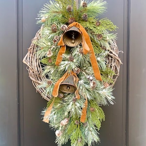 Winter Wreath, Neutral Winter Door Decor, Faux Evergreen Wreath, Winter Wreath January, After Christmas Front Door Wreath With Bells